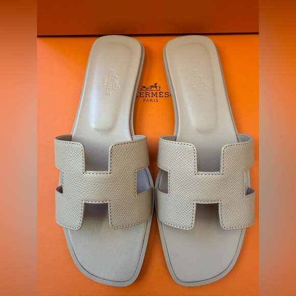 Hermes Oran Beige Perlino Epsom Leather Blush Sandals Flats all sizes - Picture 2 of 14